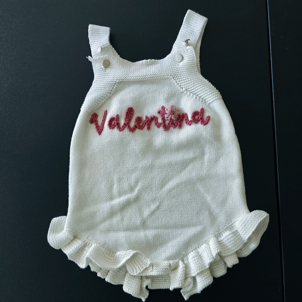 Crochet Valentina Embroidery Baby Bodysuit Ruffles Buttons White Stretch OSFM